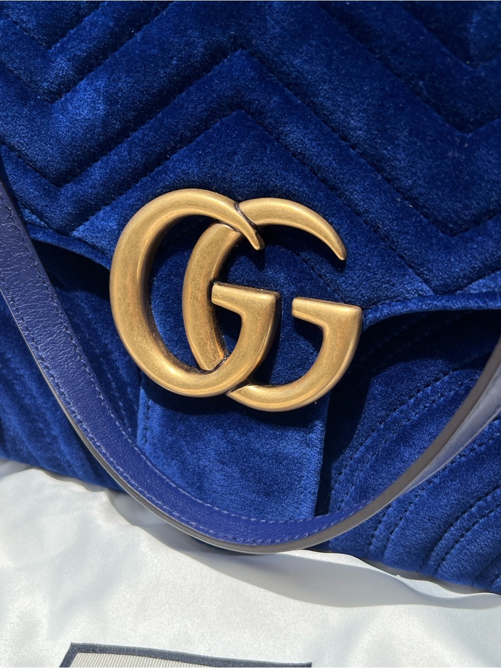 GUCCI GG Marmont Velvet Cobalt Blue Medium Shoulder Bag with duster and cards